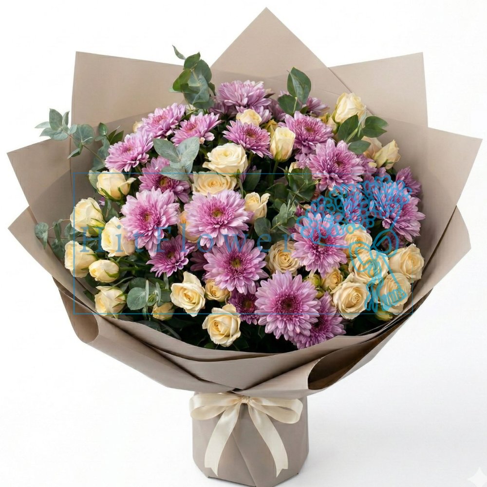 Букет цветов из: Хризантемы и Розы